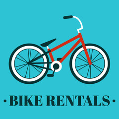 Bike rental. Vector illustration with a bike, text, on a blue bright background. Suitable for social media, mobile apps, marketing materials.