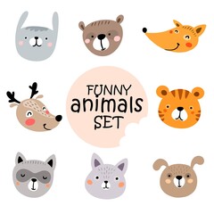 Funny cartoon hand drawn animal faces, tiger, bear, fox, cat, dog, deer, raccoon, bunny. Vector illustration for kids, babies, friends, fashion etc.
