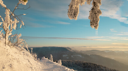 Stunning frozen panorama of snowy landscape in winter in Black Forest - winter wonderland
