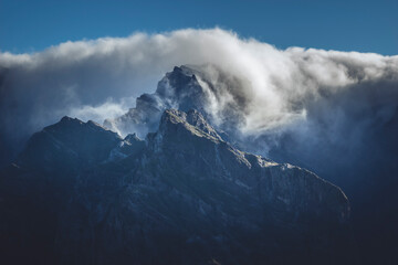 Mountain top under the clouds, view during hike on the top of Pico Grande