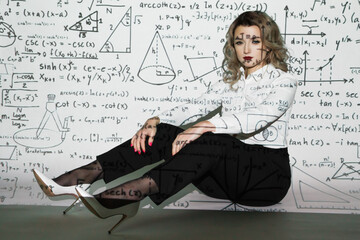 Intelligent young female maths student or teacher wearing glasses standing in front of a chalkboard with mathematical equations