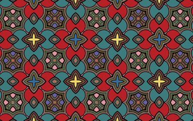 Ethnic colorful ornament of folk oriental pattern. The original texture in the style of doodling. Geometric background for wallpaper, wrapping paper, textile, fabric, website, stained glass decor. 