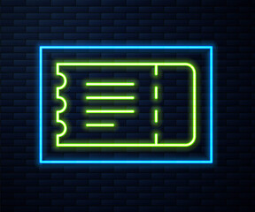 Glowing neon line Train ticket icon isolated on brick wall background. Travel by railway. Vector.