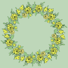 VECTOR ILLUSTRATION FLORAL WREATH,YELLOW AND PINK FLOWERS,UNOPENED BUDS AND BLUE AND GREEN LEAVES ON A GRAY-BLUE BACKGROUND