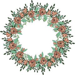 VECTOR ILLUSTRATION FLORAL WREATH,YELLOW AND PINK FLOWERS,UNOPENED BUDS AND BLUE AND GREEN LEAVES ON A GRAY-BLUE BACKGROUND
