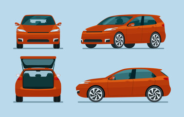 Hatchback car four angle set. Car side, back and front view. Vector flat illustration.