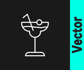 White line Cocktail and alcohol drink icon isolated on black background. Vector.
