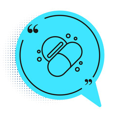 Black line Medicine pill or tablet icon isolated on white background. Capsule pill and drug sign. Pharmacy design. Blue speech bubble symbol. Vector.