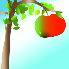 Red apple hanging on the tree flat cartoon simple color illustration