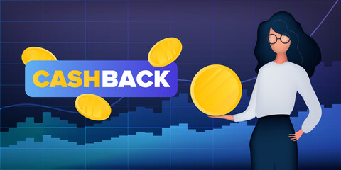 Cashback banner. The girl is holding a gold coin. Neon colors. Vector.