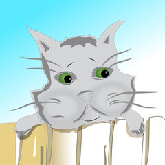 Gray cat looking sad from behind the fence - cartoon childrens illustration.