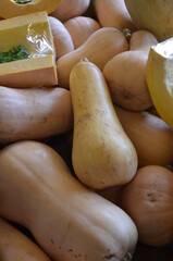 Piles of Butternut Squash for sale at an outdoor farmer's market.