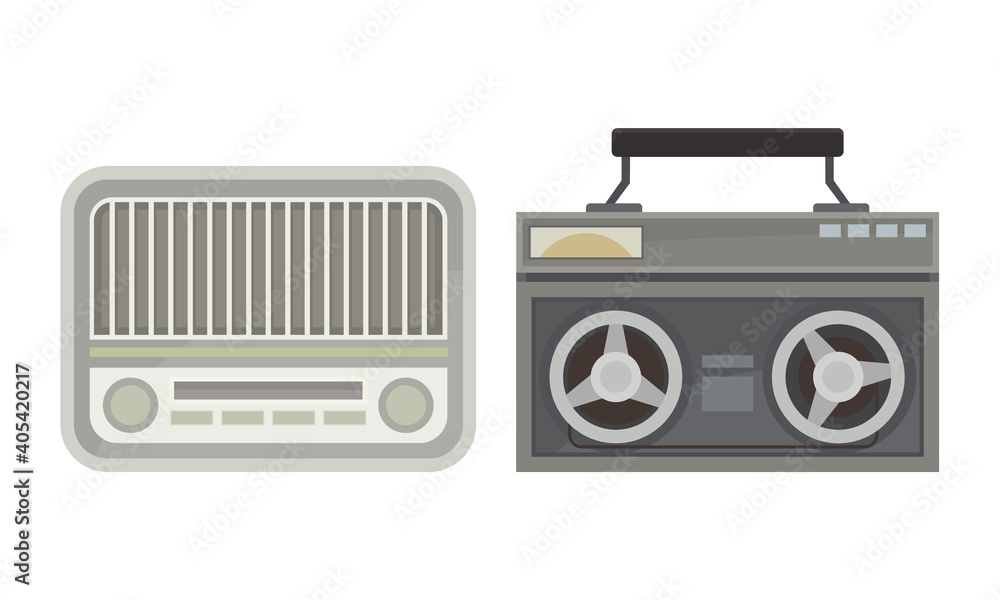 Poster retro radio receiver or wireless as electronic device receiving radio waves vector set