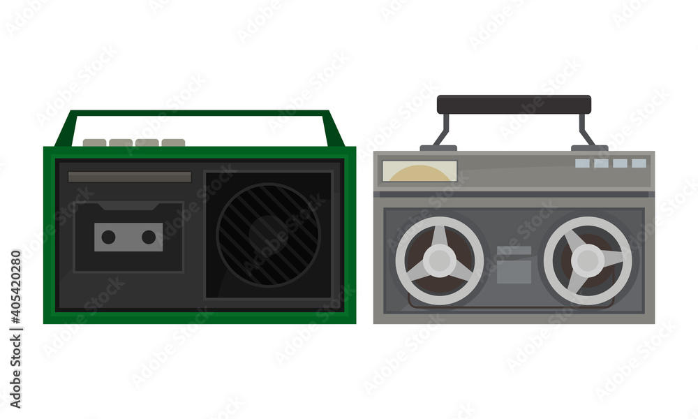 Poster retro radio cassette recorder or receiver as electronic device receiving radio waves vector set