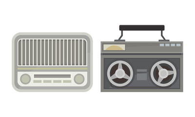 Retro Radio Receiver or Wireless as Electronic Device Receiving Radio Waves Vector Set
