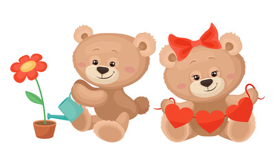 Cute Cartoon Teddy Bear Watering Flower and Holding Heart Garland Vector Set
