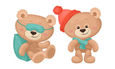 Cute Cartoon Teddy Bear Wearing Warm Hat and Sleeping on Pillow Vector Set