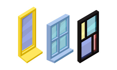 Isometric Glass Windows as Opening in Wall Vector Set