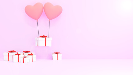 3D illustration rendering. A white gift box hanging on the red heart balloons and the pink background. Concept  the happy in Valentine day and sweet love.