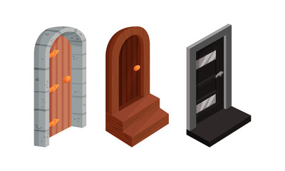 Isometric Doors with Threshold as Building and House Entrance Vector Set