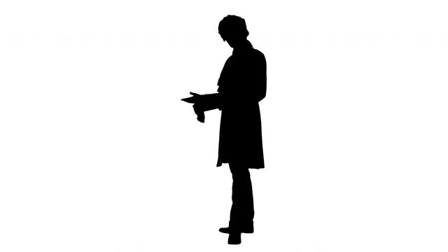 Silhouette Man in 18th century camisole and wig doing welcoming gesture.