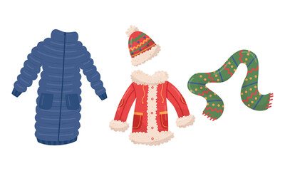 Coat, Hat and Scarf as Winter Seasonal Garment Vector Set