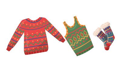 Knitted Sweater, Vest and Pair of Socks as Winter Seasonal Garment Vector Set