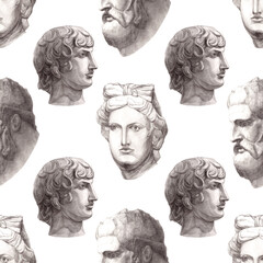Fine art. Head of the David, Artemis, Heracles. Face. Academic Professional Drawing. Graphite on Paper. Greek mythology and history. Ancient world culture. Seamless repeatable pattern. Fabric design. 