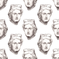 Fine art. Head of the Artemis. Face. Academic Professional Drawing. Original Artwork. Graphite on Paper. Wall art. Greek mythology and history. Ancient world culture. Seamless repeatable pattern. 