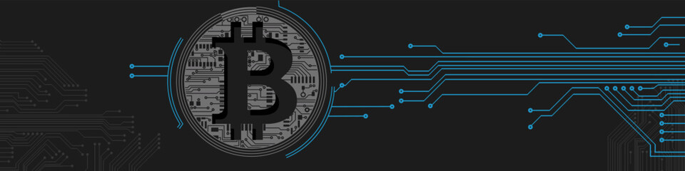 Bitcoin theme design. Bitcoin digital cryptocurrency in circuit board style. Vector Illustration
