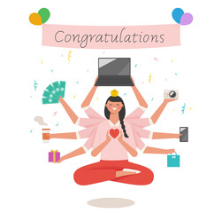 Giveaway event concept. A woman with many hands, like the Bodhisattva in India, is holding a gift in her hand and is cross-legged