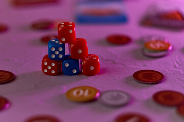 cards and dice. Components of a Board game. Type of hobby and family leisure