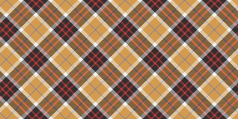 fabric texture of traditional checkered gingham repeatable diagonal ornament, beige and black main colors with red and blue thin stripes for plaid, tablecloths, shirts, clothes, dresses, tartan