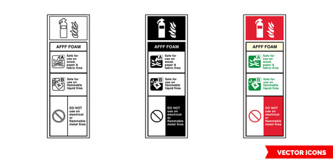 Afff foam fire extinguisher id sign icon of 3 types color, black and white, outline. Isolated vector sign symbol.