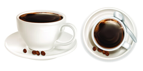 Expresso in a white cup top and side view. Coffee in a white cup with a saucer and coffee beans. Vector illustration