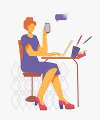 Fototapeta premium Woman making a career - working in the office or at home, typing on computer and making phone calls, flat vector illustration isolated. Cartoon character of executive person or business woman at work.