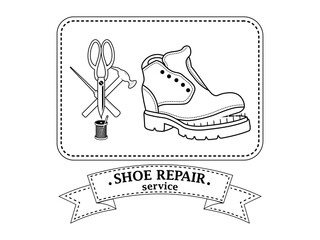 Shoe repair service. Vector image of logo. Trendy concept in old retro style