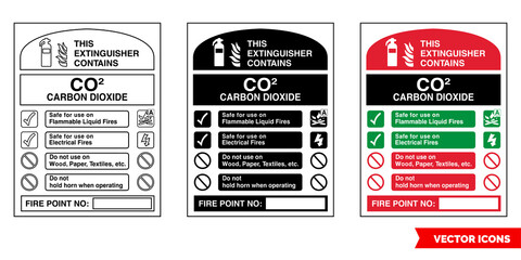 This extinguisher contains CO2 carbon dioxide fire extinguisher id sign icon of 3 types color, black and white, outline. Isolated vector sign symbol.