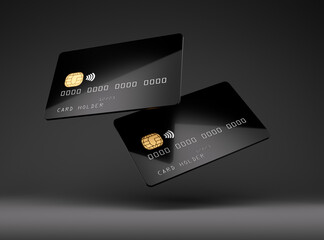 Black glossy credit card mock up, dark black background,3D Illustration - 405424078