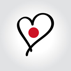 Japanese flag heart-shaped hand drawn logo. Vector illustration.