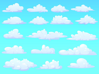 Set of fluffy cartoon clouds isolated on a blue background. Clouds soaring in the air in various forms perfect logo icons. Vector illustration