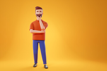 Portrait of cartoon thinking man in orange t-shirt posing over yellow background.