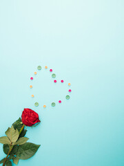 fresh red rose with green leaves and with colorful buttons in the  heart-shaped on baby blue background. minimal flat lay.