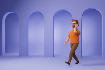 Cartoon beard man in glasses and orange t-shirt walking and talk smartphone over violet abstract background.