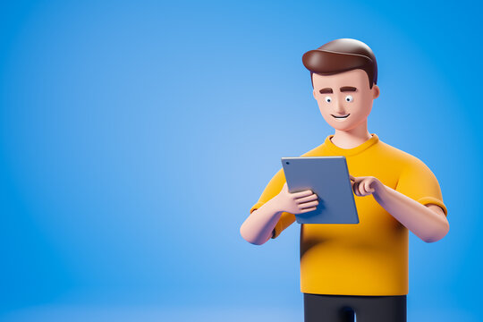 Cartoon handsome character man in yellow tshirt  looking at digital tablet over blue background with copy space.