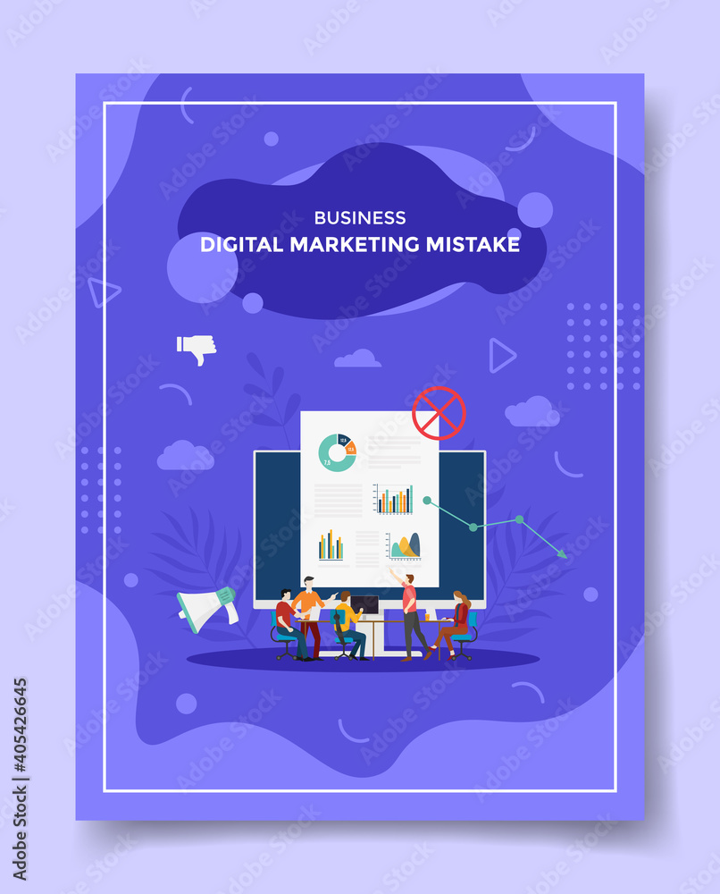 Aufkleber digital marketing mistake concept people discuss around computer monitor chart false for template of