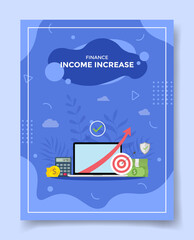 income increase arrow in laptop screen calculator money coin for template of banners, flyer, books cover, magazine with liquid shape flat style