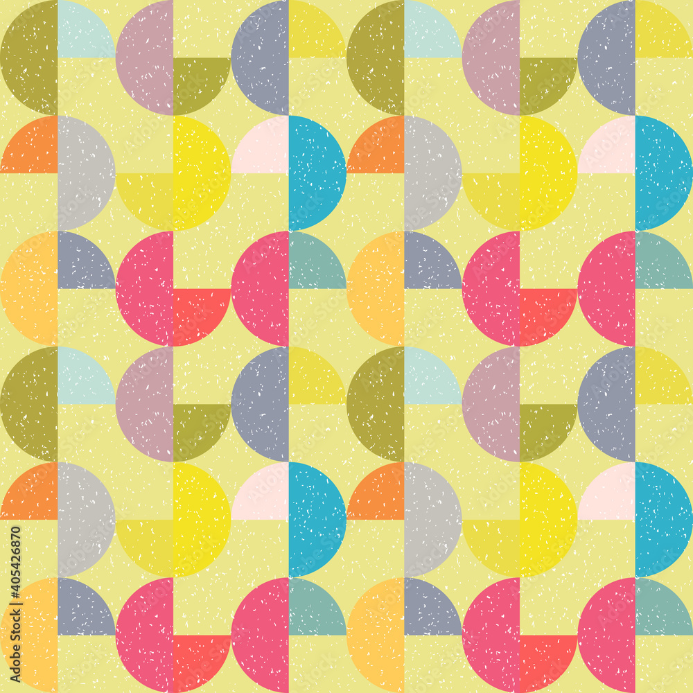 Poster Modern vector abstract seamless geometric pattern with semicircles and circles in retro scandinavian style. Pastel colored colorful shapes with worn out texture .
