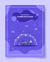 communication concept people working on computer around shield memory card network padlock chat pointer location call for template of banners, flyer, books cover, magazine with liquid shape flat style