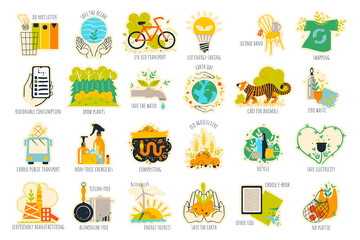 A set of stickers about environmental protection. Vector illustration.